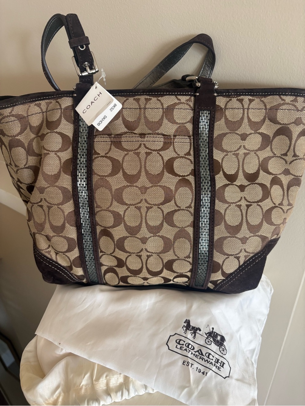 NWT! Vintage Coach Brown Signature Canvas Tote w/Gorgeous Beading & Leather Trim